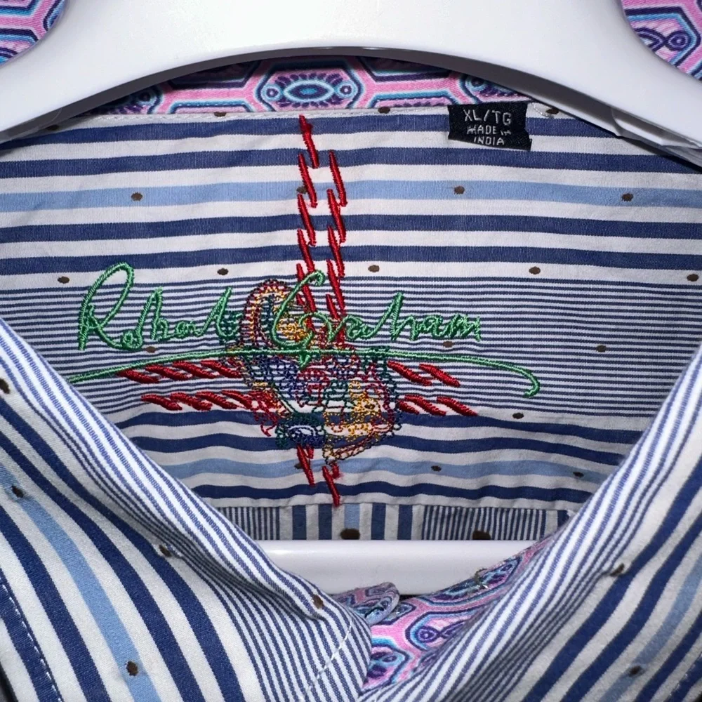 Robert Graham Shirt Mens Size XL Blue White Button Up Striped Flip‎ Cuff